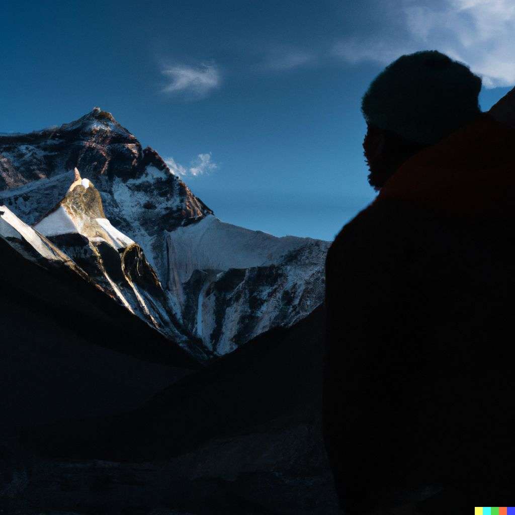 someone gazing at Mount Everest, photograph, backlit lighting